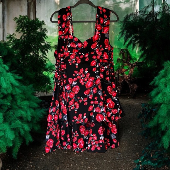Hearts & Roses Brocade Lace Up Corset Dress Red Black Floral Fairy Goth Sz 14 - Picture 2 of 15